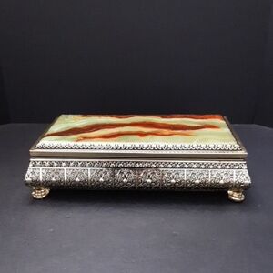 VGT,Blue Bird Green Faux Marble Footed  Silver Confectionery Tin.
